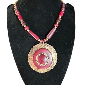 Boho Beaded Statement Necklace Maroon Wood Brass Filigree Pendant Burgundy Red